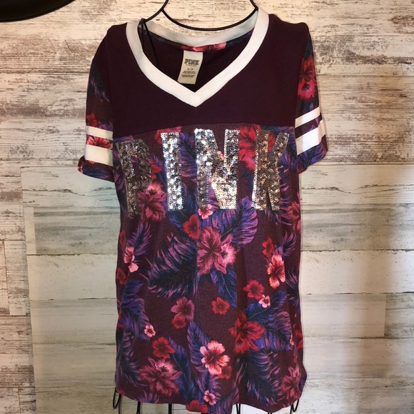 PINK Victoria's Secret Tops - PINK Victoria’s Secret floral v-neck shirt tropical maroon shirt size medium​
